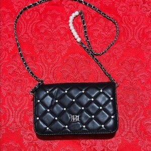Badgley Mischka black quilted crossbody bag with pearl studs
